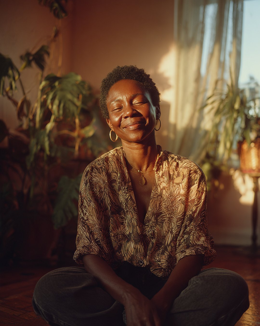 a woman sitting cross-legged at home, with a quiet smile, in the evening light