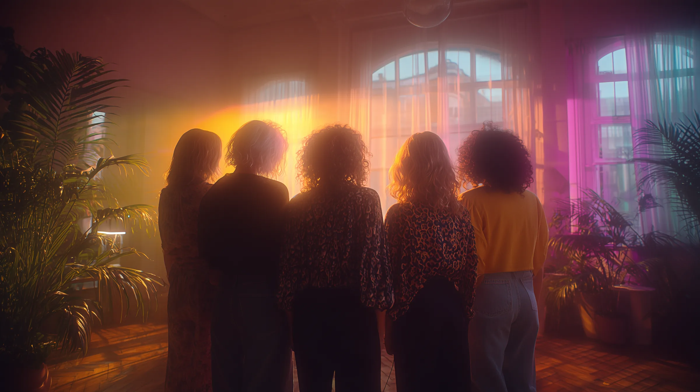 five women seen from behind in front of large windows, the evening light shifting from gold to pink
