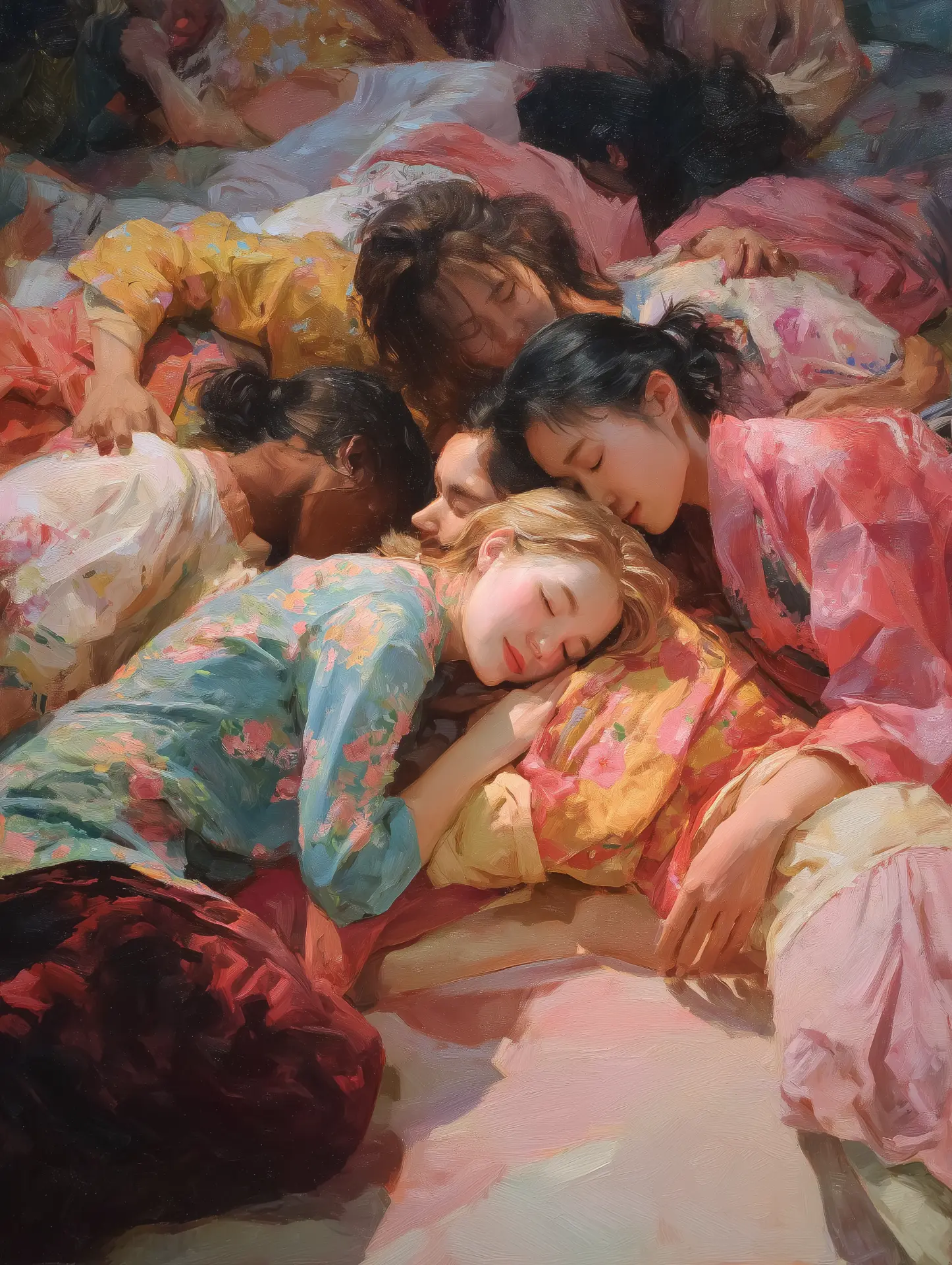 painting: women asleep against one another, floral kimonos, visible oil brushstrokes