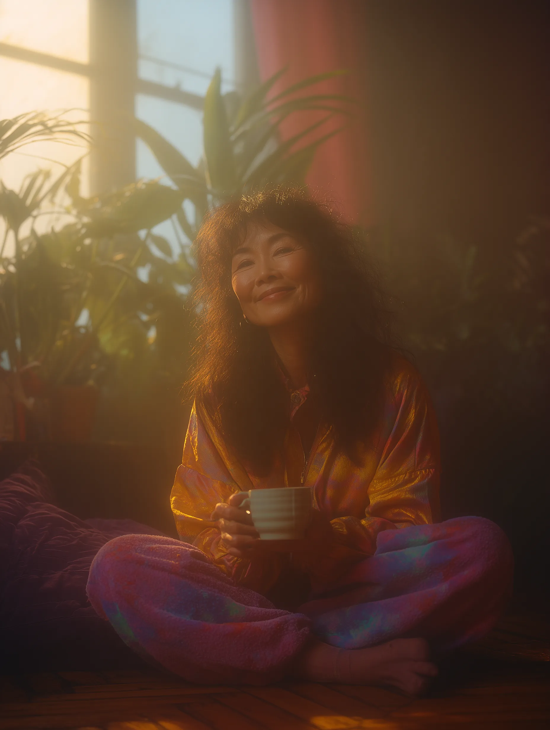 a woman on her own, curled up on a cushion beside a large window, holding a cup