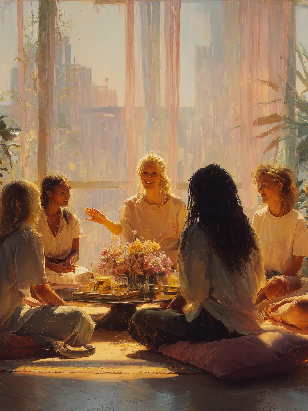 in a large room bathed in light, a woman speaks with open hands; the others, sitting on cushions around a bouquet, listen to her