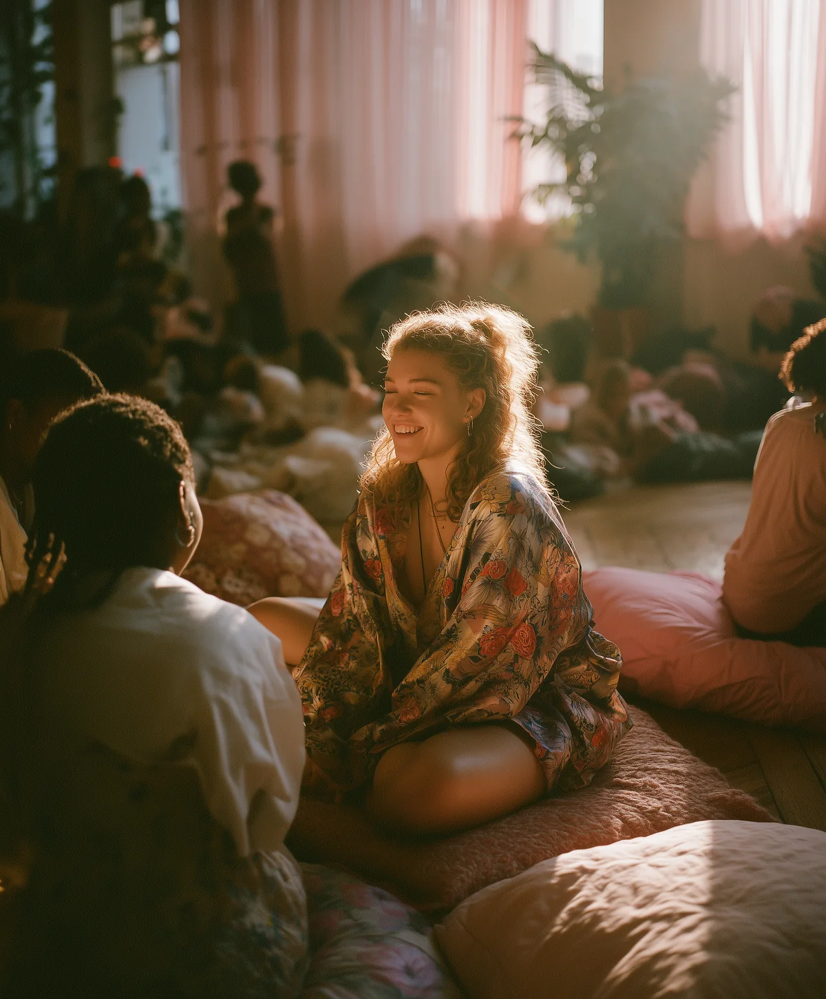 in a large, warmly lit room, a woman in a floral kimono, sitting on a cushion, smiles at the women around her