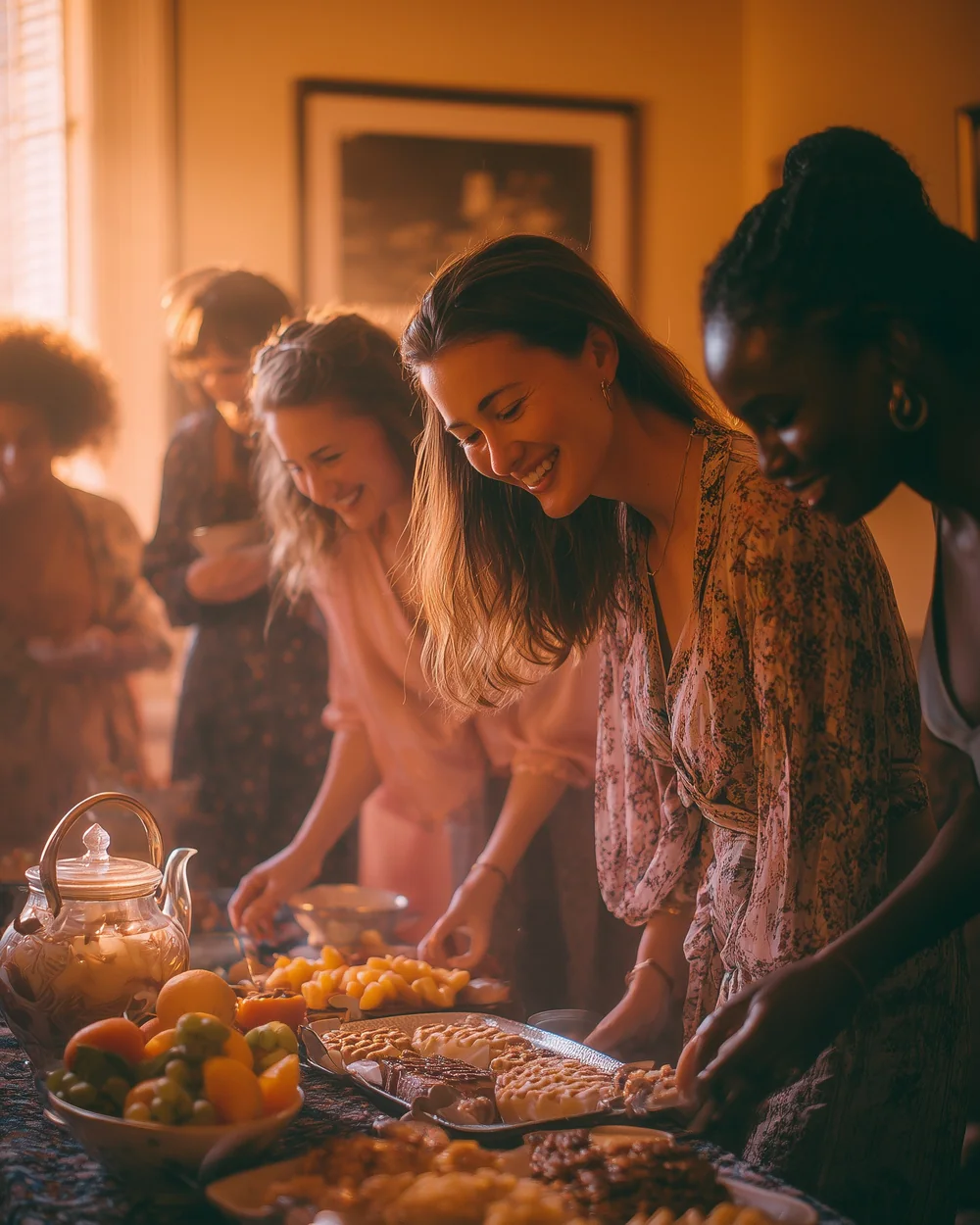 around a buffet of fruit and sweet treats, women help themselves, laughing, a teapot in the foreground, in golden light