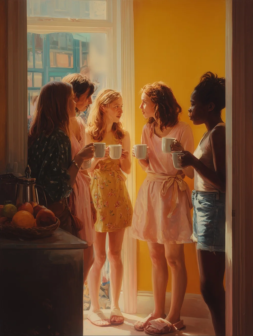 five women standing in a doorway, cups in hand, chatting in the morning light