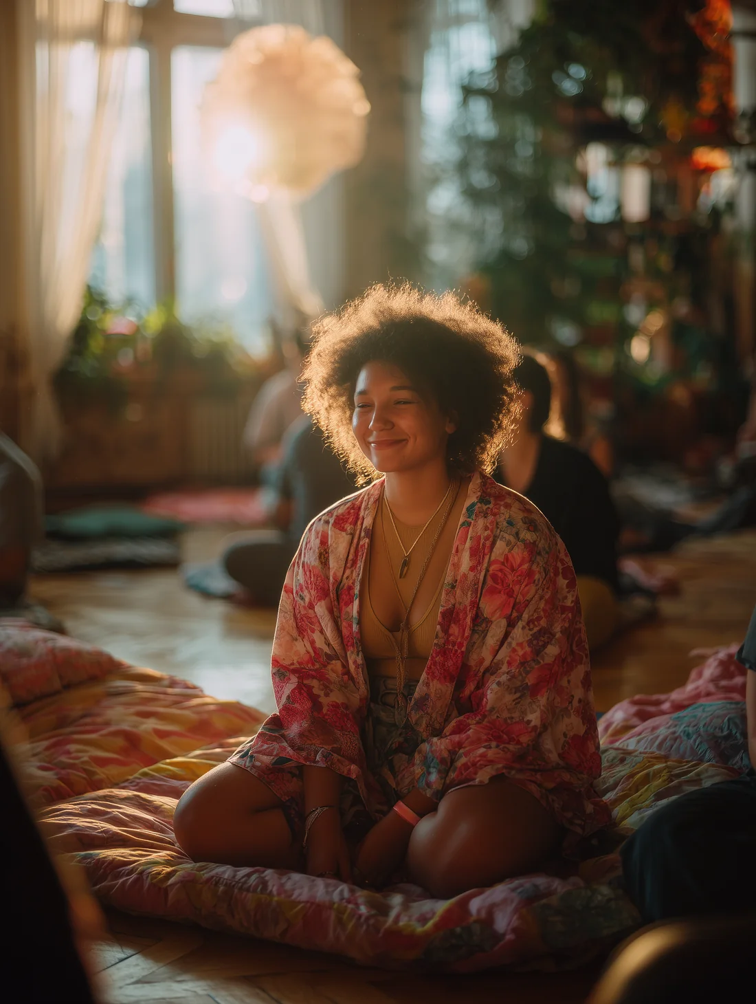 a woman in a floral kimono, sitting alone on a cushion, laughing, in a large room bathed in light