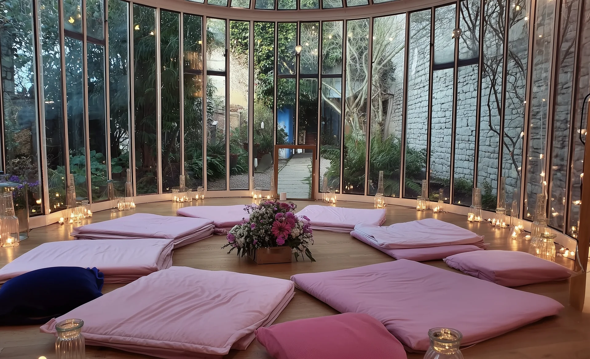 the glass rotunda at nightfall: pink futons in a circle around a bouquet, candles all around, the garden behind the windows