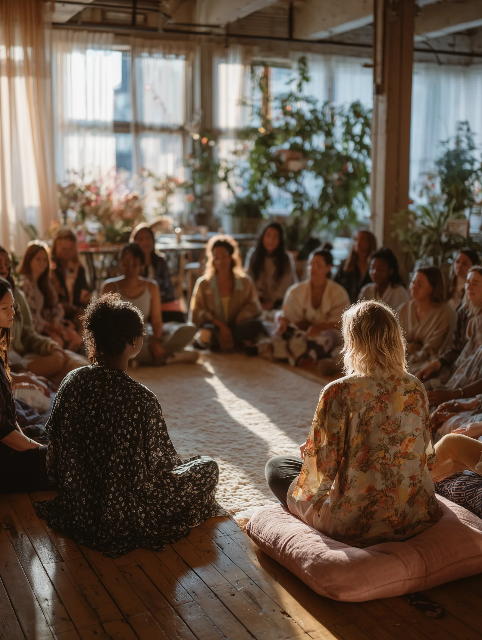 a large circle of women sitting on cushions on the floor, in a loft with tall windows filled with sunlight