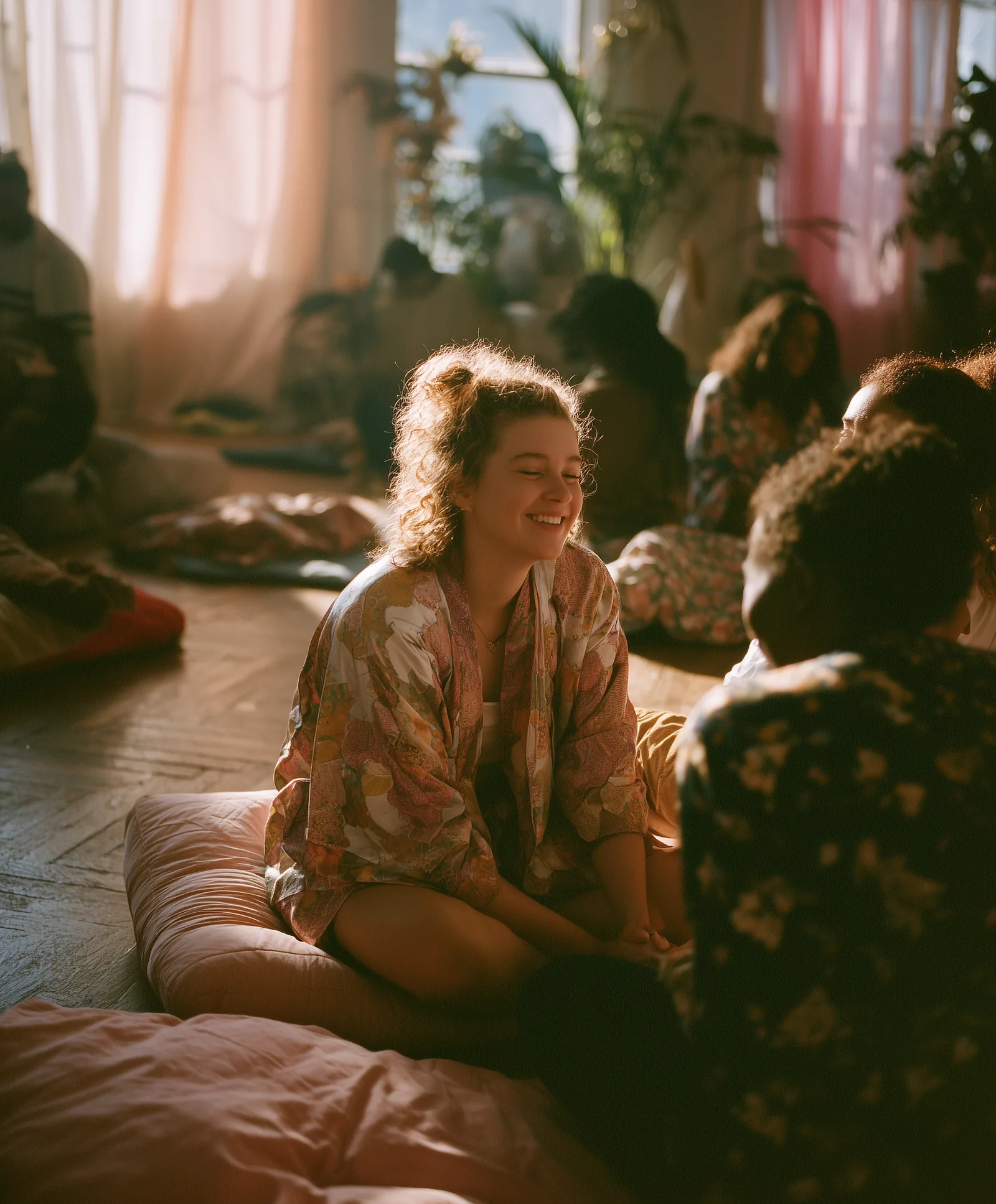 a woman in a kimono laughing with the women around her, sitting on cushions on the floor